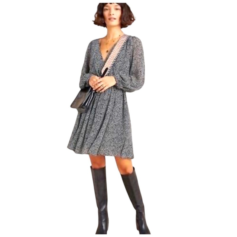 Anthropologie Floral Print Dress Long Sleeve Mini Dress Black Gray S